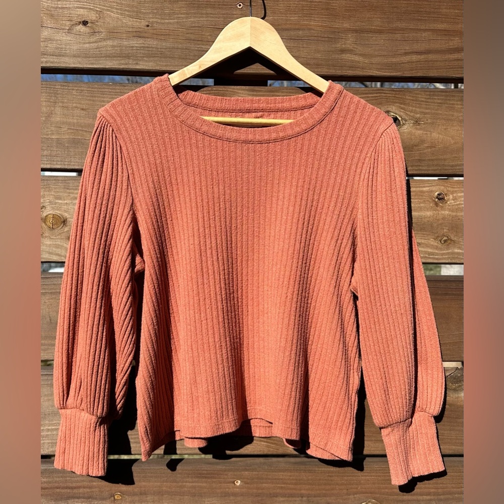 Madewell Rust Brushed Ribbed Knit Pleated Balloon 3/4 Sleeve Top